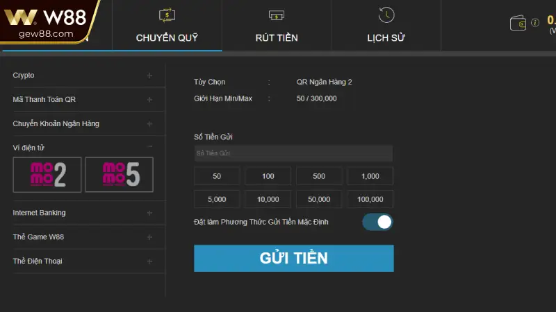 W88 hỗ trợ 7 kênh nạp tiền khác nhau
